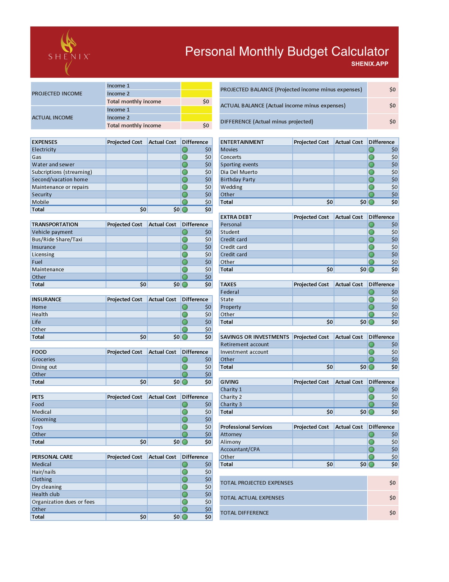 SHENIX™ Personal Monthly Budget Calculator