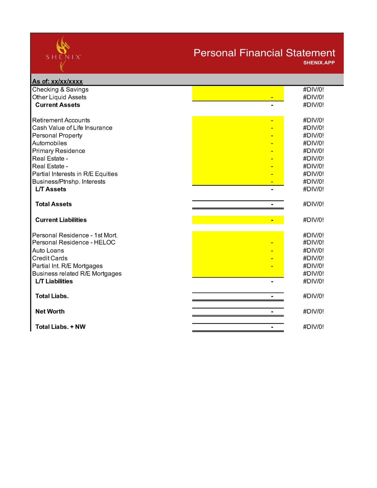 SHENIX™ Personal Financial Statement