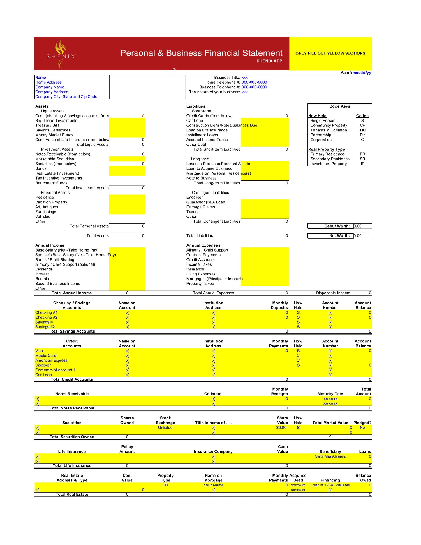 SHENIX™ Personal & Business Financial Statement
